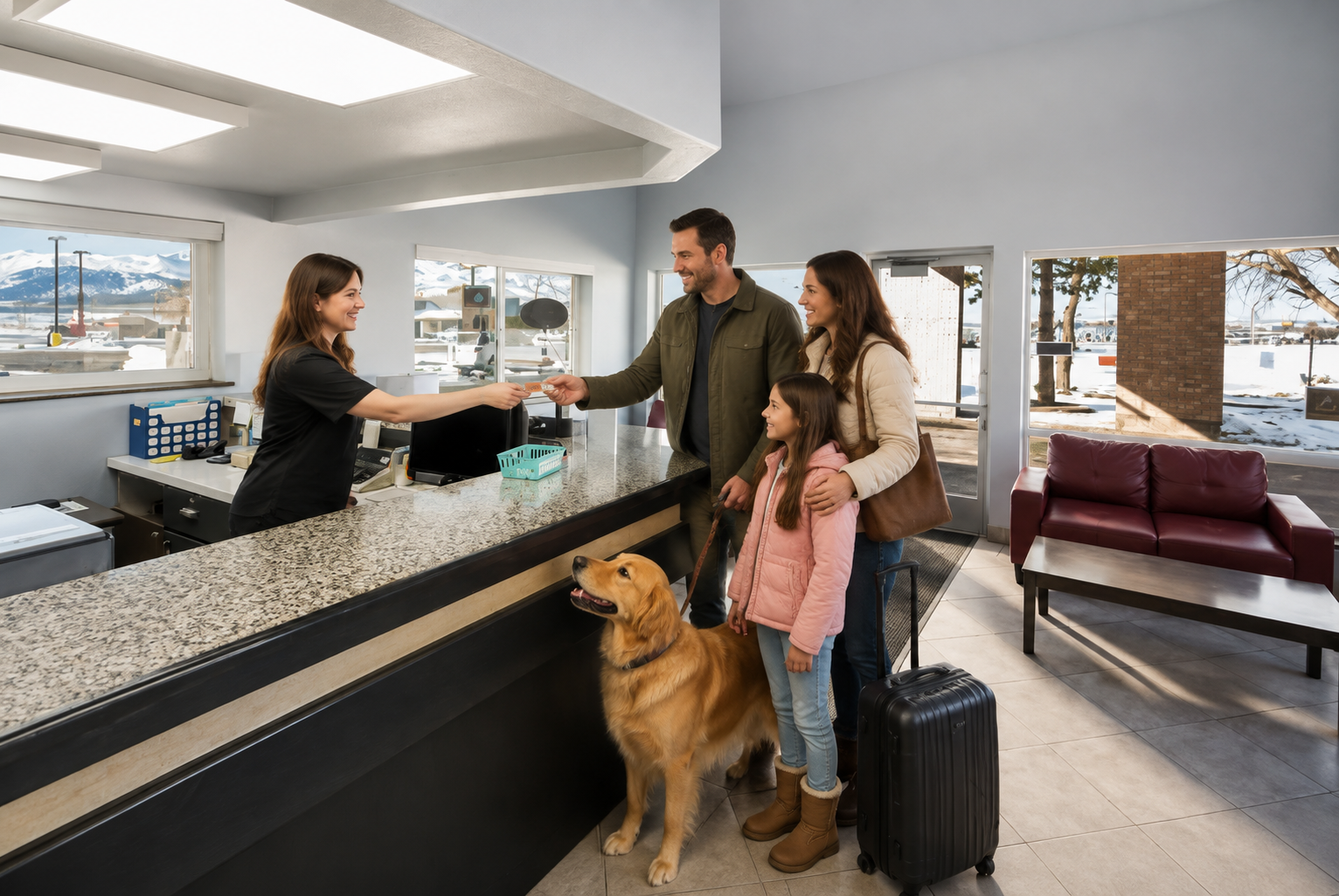 Family checking in at SureStay by Best Western offering Wells NV Hotel Deals with comfortable accommodations and friendly service